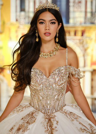 Fairytale ball gown w/ metalic lace & embellished off-the-shoulder straps