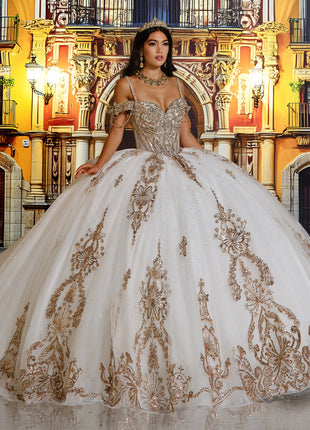 Fairytale ball gown w/ metalic lace & embellished off-the-shoulder straps