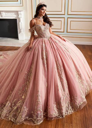 Fairytale ball gown w/ metalic lace & embellished off-the-shoulder straps