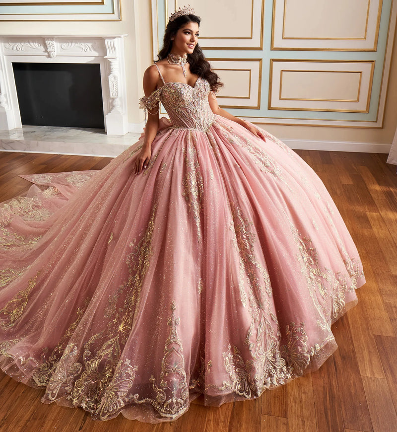 Fairytale ball gown w/ metalic lace & embellished off-the-shoulder straps