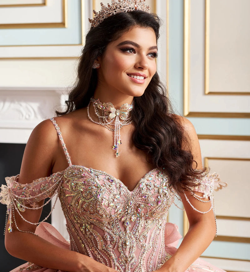 Fairytale ball gown w/ metalic lace & embellished off-the-shoulder straps