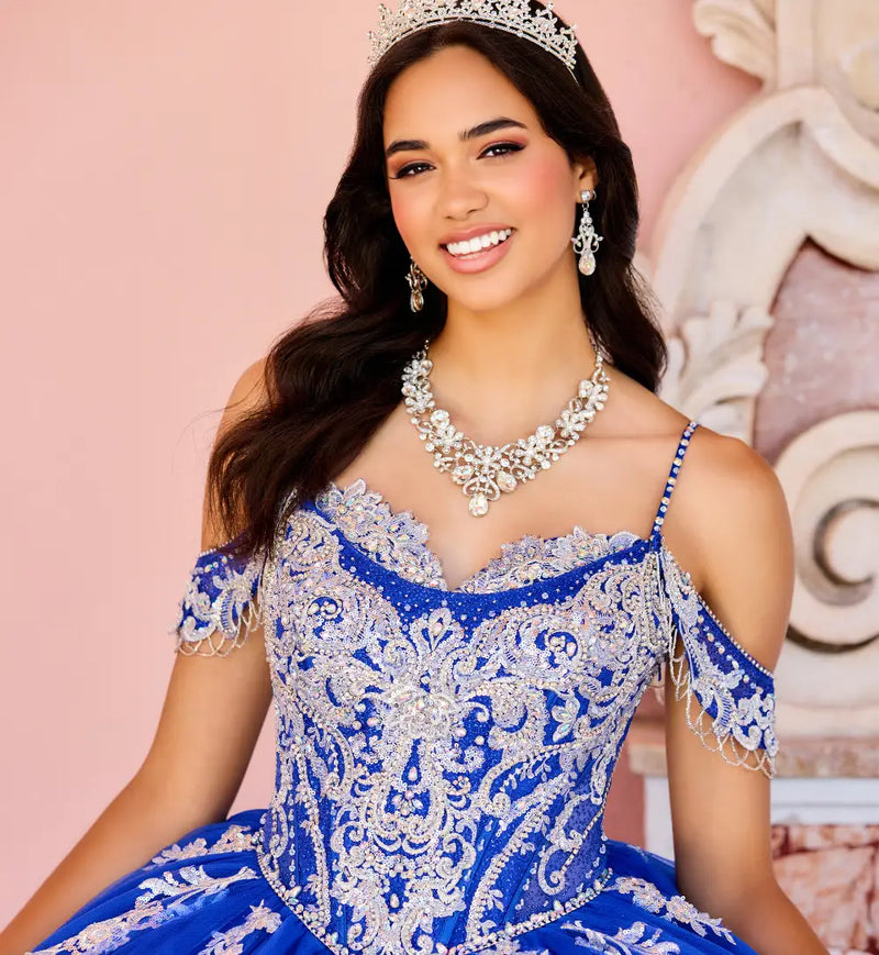 Regal quinceañera ball gown w/ corset bodice & detachable caplet & straps