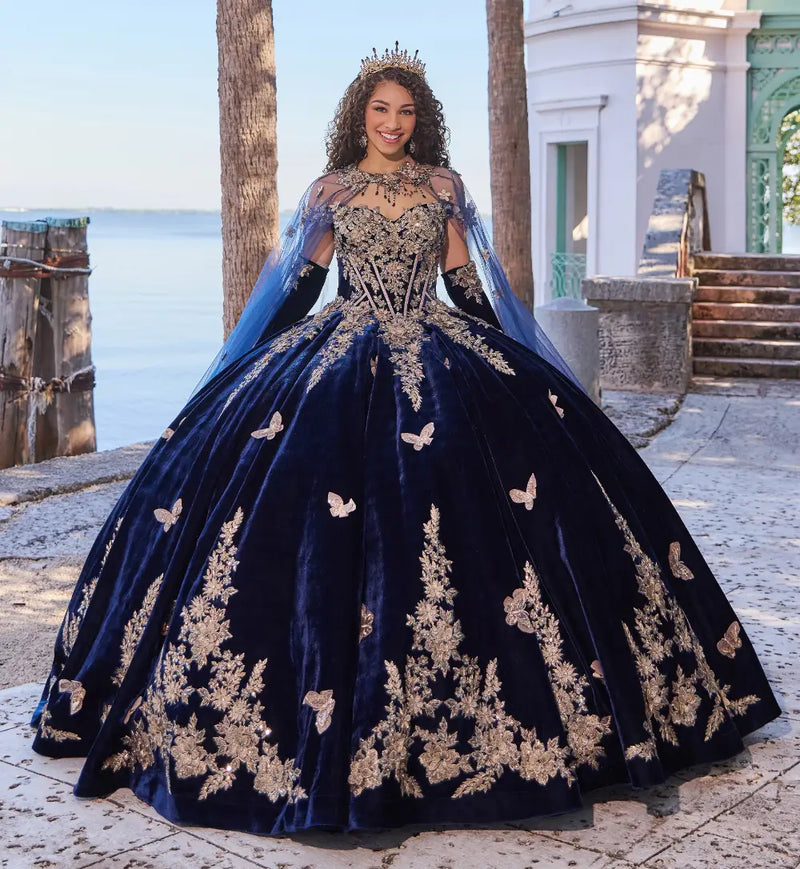 Breathtaking velvet ball gown w/ butterfly details & long gloves included