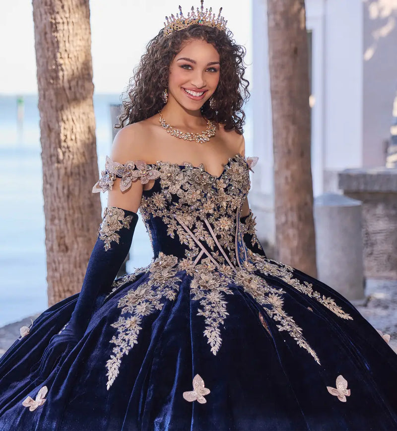 Breathtaking velvet ball gown w/ butterfly details & long gloves included