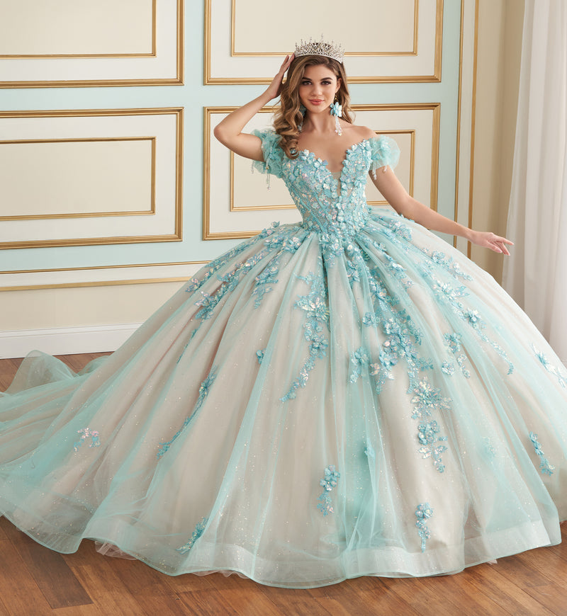 Corset bodice and tulle skirt ball gown w/ pockets & matching earrings