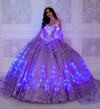 Light-up v-neck ball gown w/ embroidered lace & glitter tulle