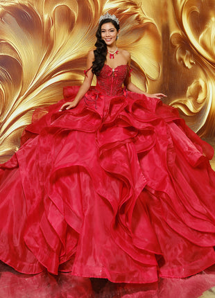 Lace-up corset ball gown w/ flowing layered skit & personalized letter brooch