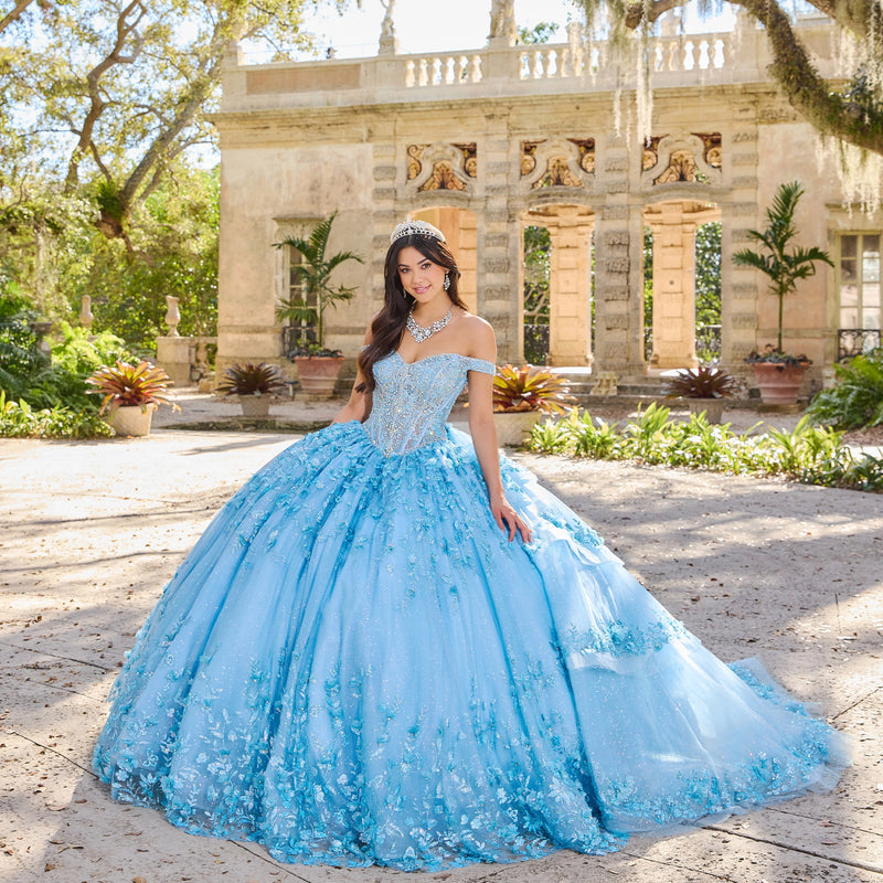 Sparkling Quinceañera gown with off-the-shoulder sweetheart bodice and 3D lace skirt.