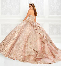 Sparkling strapless quinceanera dress with embroidered lace