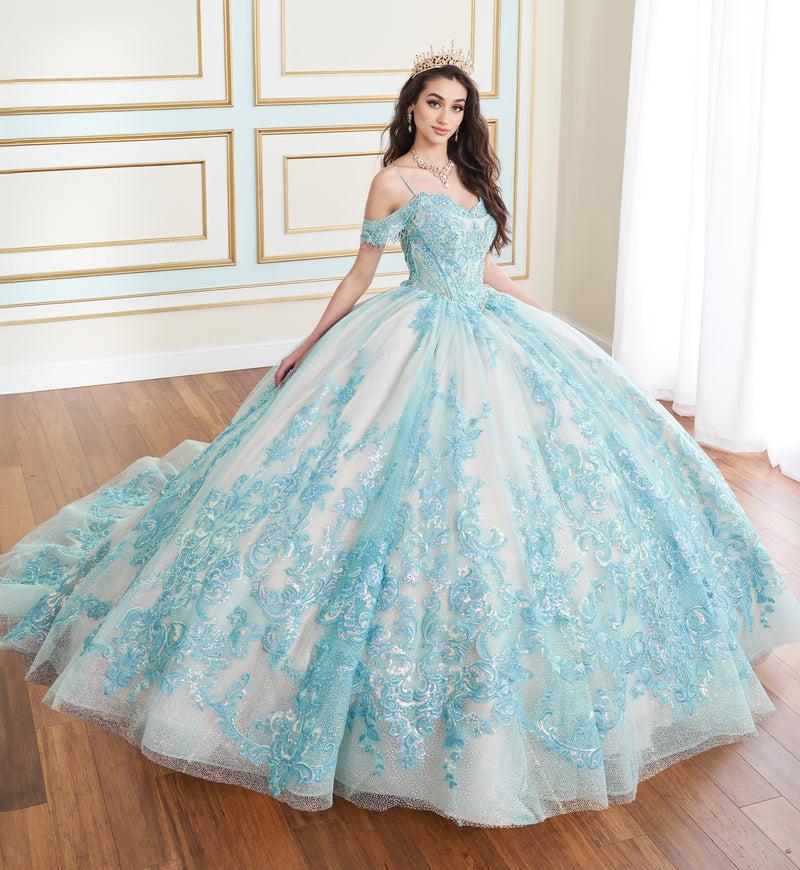 Regal quinceañera ball gown w/ corset bodice & detachable caplet & straps