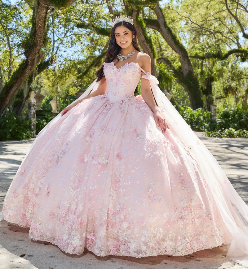 Dreamy off-the shoulder quinceañera dress w/ 3D flowers & detachable train