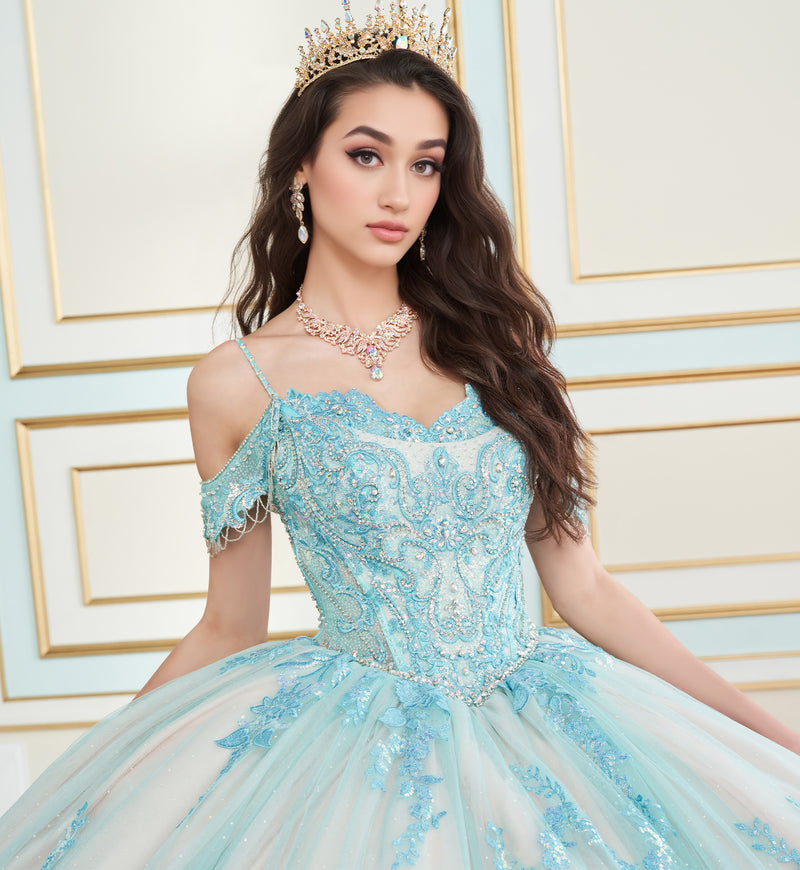 Regal quinceañera ball gown w/ corset bodice & detachable caplet & straps