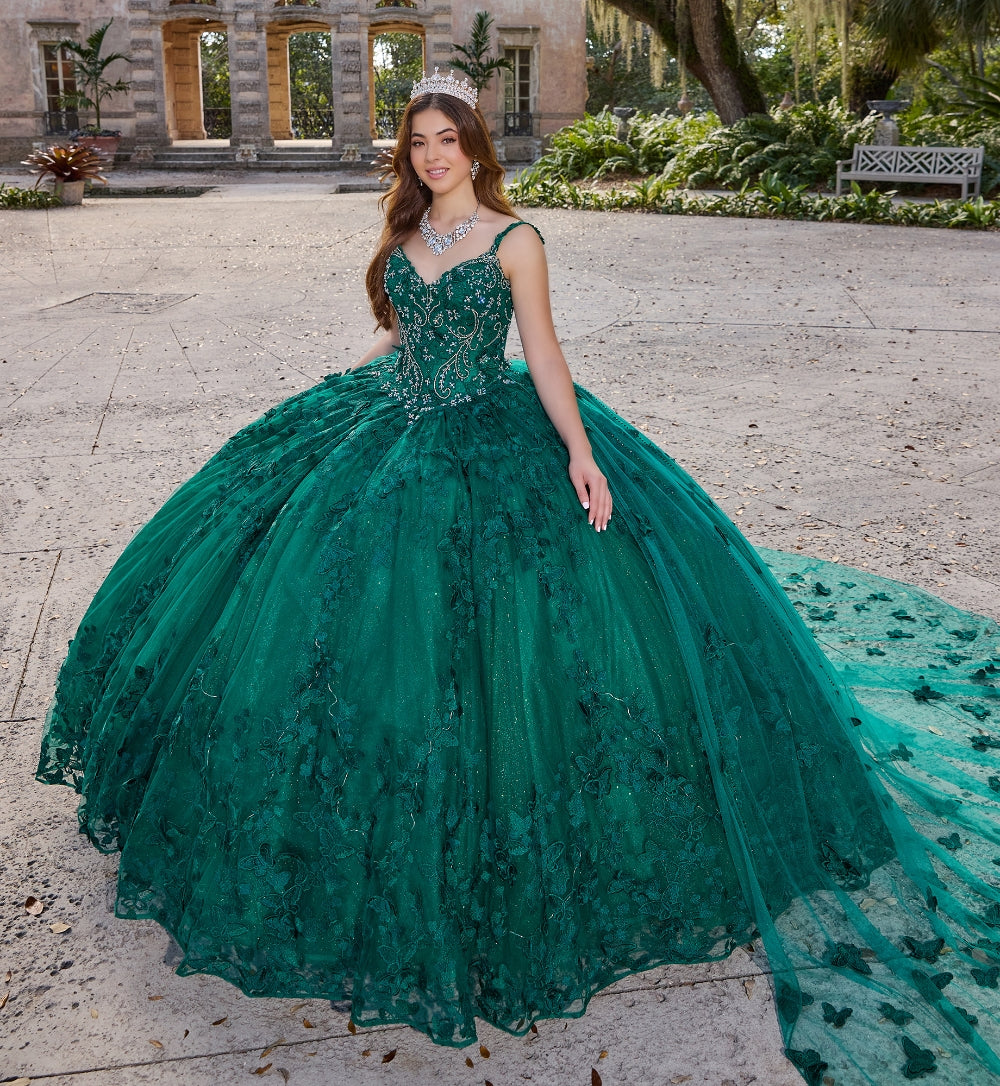 Light-up v-neck ball gown w/ embroidered lace & glitter tulle