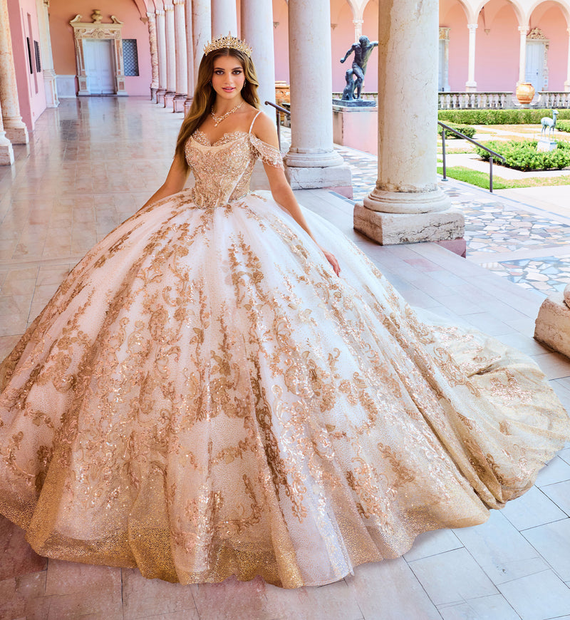 Regal quinceañera ball gown w/ corset bodice & detachable caplet & straps