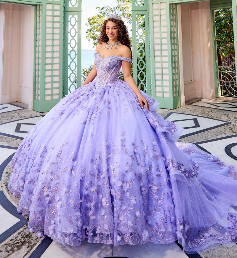 Sparkling Quinceañera gown with off-the-shoulder sweetheart bodice and 3D lace skirt.