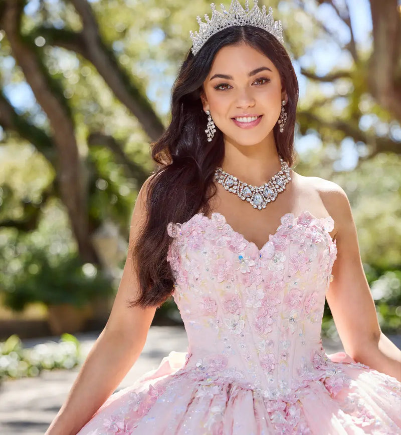 Dreamy off-the shoulder quinceañera dress w/ 3D flowers & detachable train