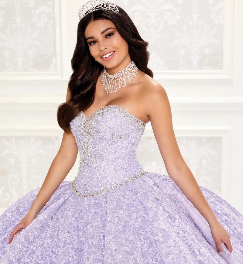 Sparkling strapless quinceanera dress with embroidered lace