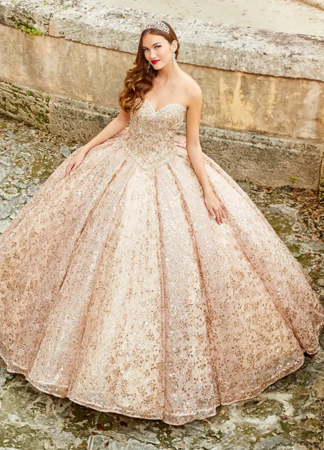 Sparkling strapless quinceanera dress with embroidered lace