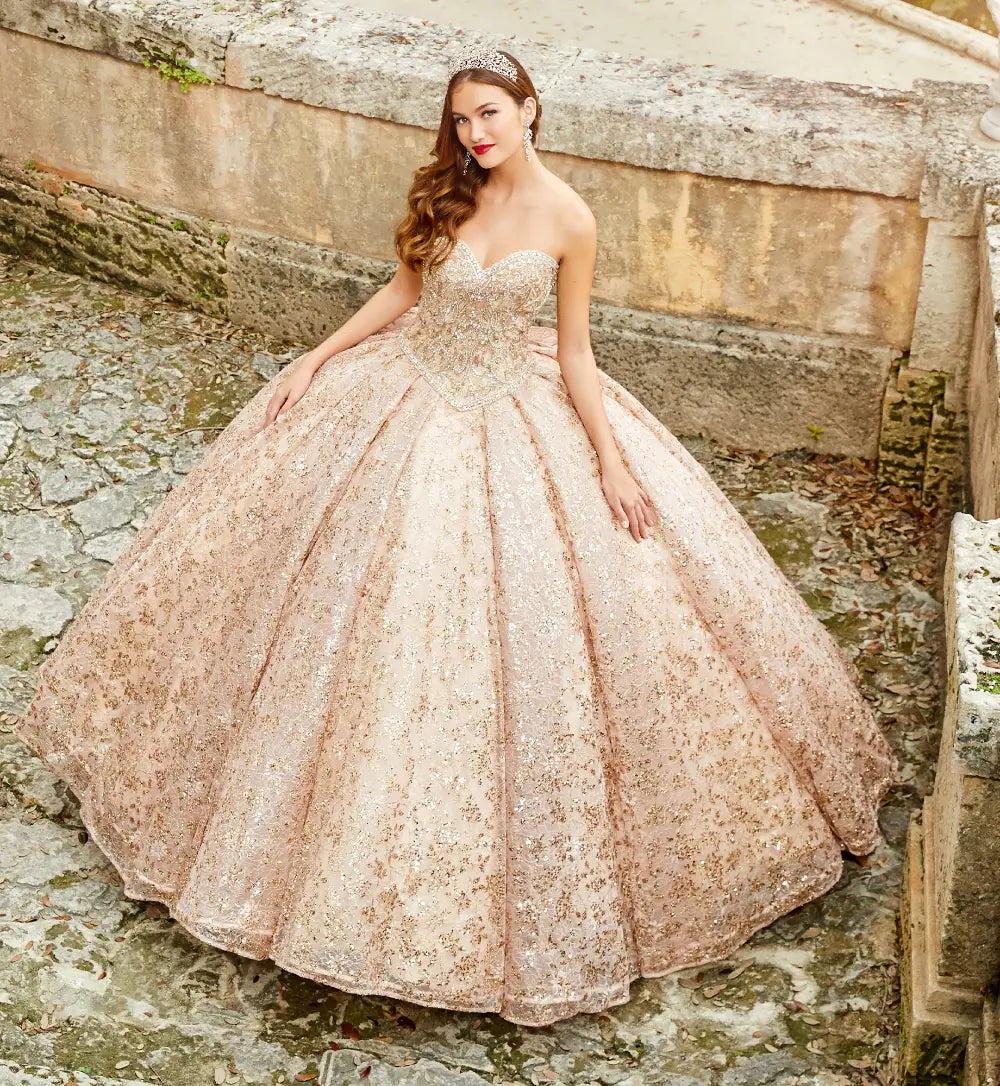 Sparkling strapless quinceanera dress with embroidered lace