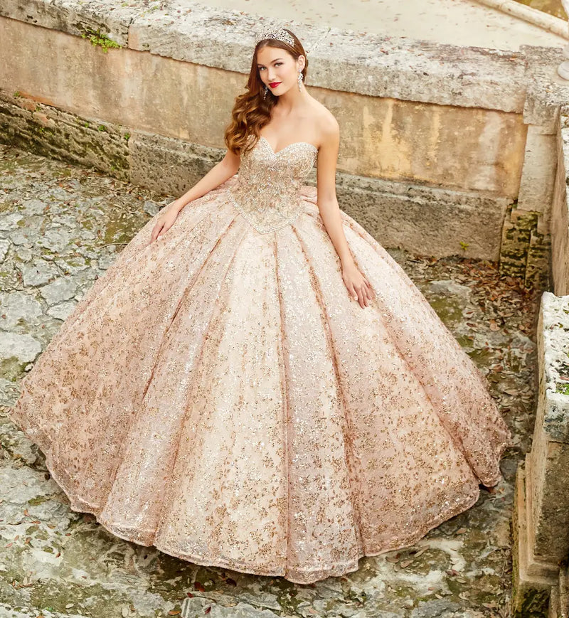 Sparkling strapless quinceanera dress with embroidered lace