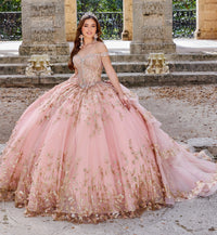 Sparkling Quinceañera gown with off-the-shoulder sweetheart bodice and 3D lace skirt.
