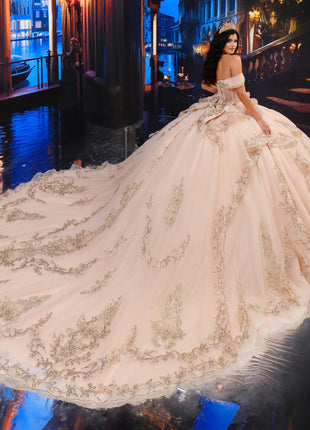 Quinceañera ball gown w/ royal train & detachable bow & collar