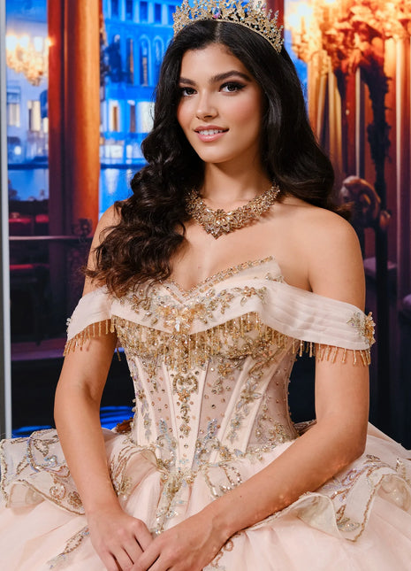 Quinceañera ball gown w/ royal train & detachable bow & collar