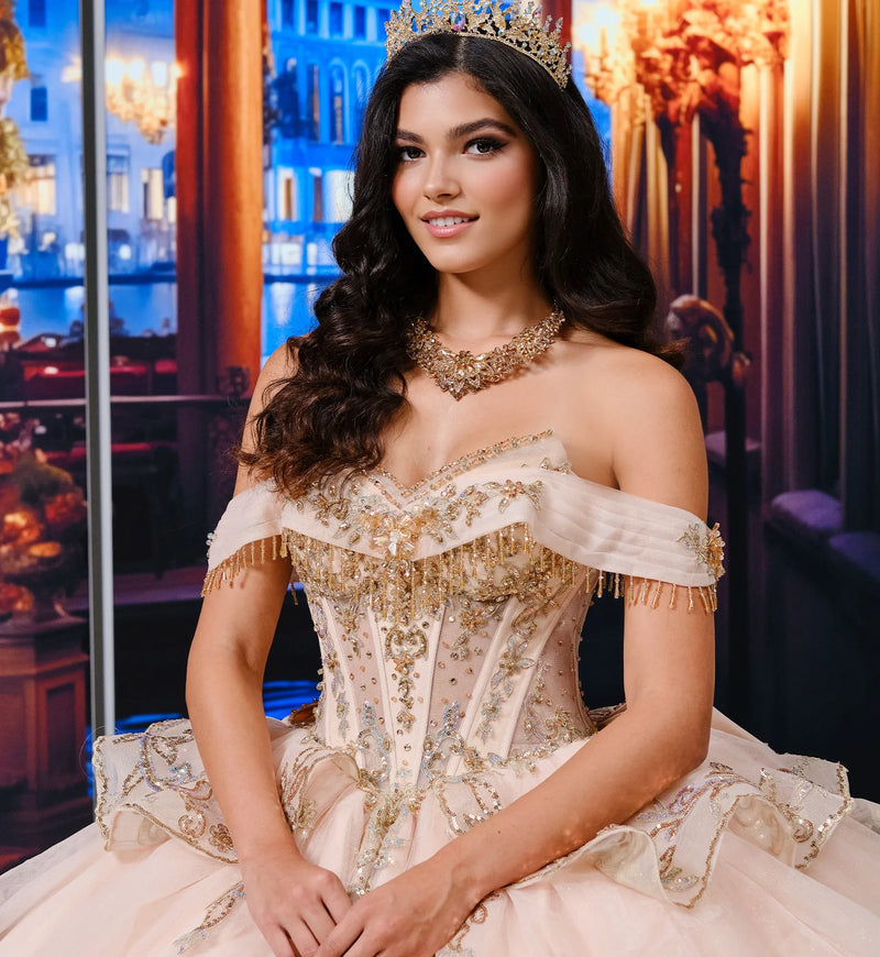 Quinceañera ball gown w/ royal train & detachable bow & collar