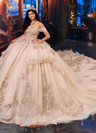 Quinceañera ball gown w/ royal train & detachable bow & collar