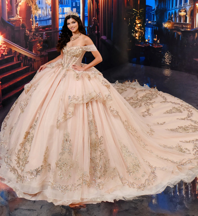 Quinceañera ball gown w/ royal train & detachable bow & collar