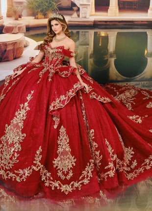 Quinceañera ball gown w/ royal train & detachable bow & collar