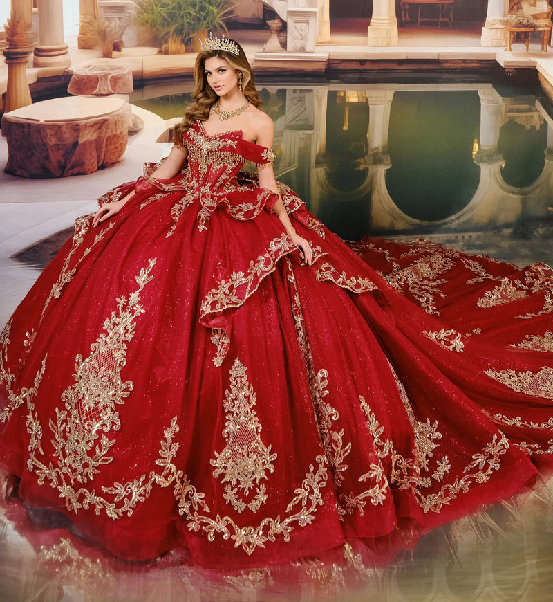 Quinceañera ball gown w/ royal train & detachable bow & collar