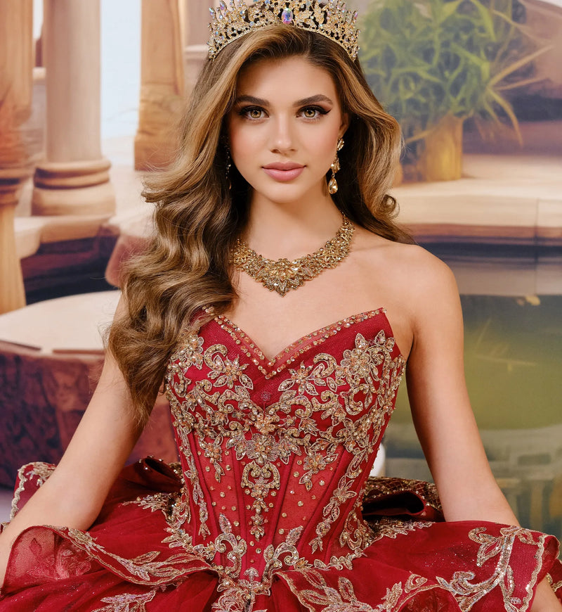 Quinceañera ball gown w/ royal train & detachable bow & collar