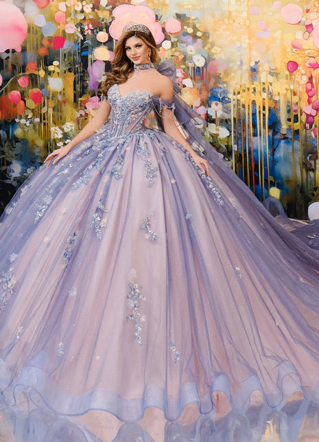 Quinceañera ball gown w/ corset bodice & embellished off-the-shoulder straps