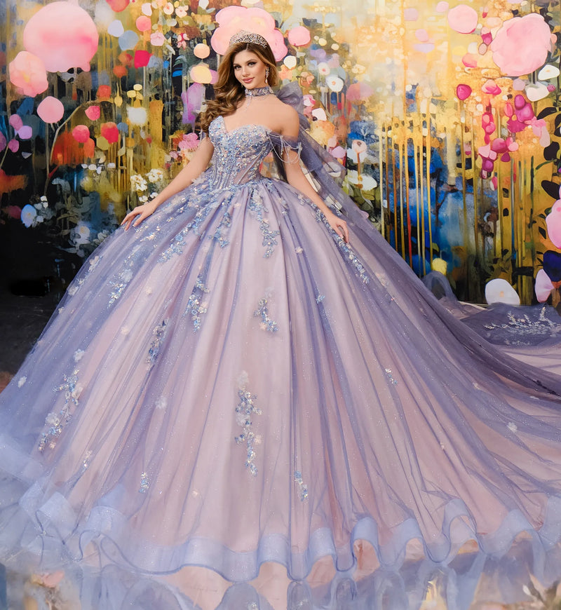 Quinceañera ball gown w/ corset bodice & embellished off-the-shoulder straps