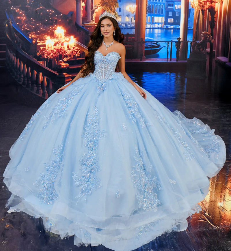 Semi-sheer bodice quinceañera ball gown w/ dramatic back bow