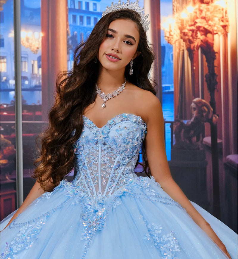 Semi-sheer bodice quinceañera ball gown w/ dramatic back bow