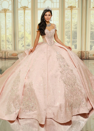 Regal brocade quinceañera dress w/ lace appliqué