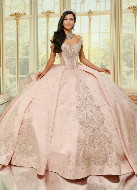 Regal brocade quinceañera dress w/ lace appliqué