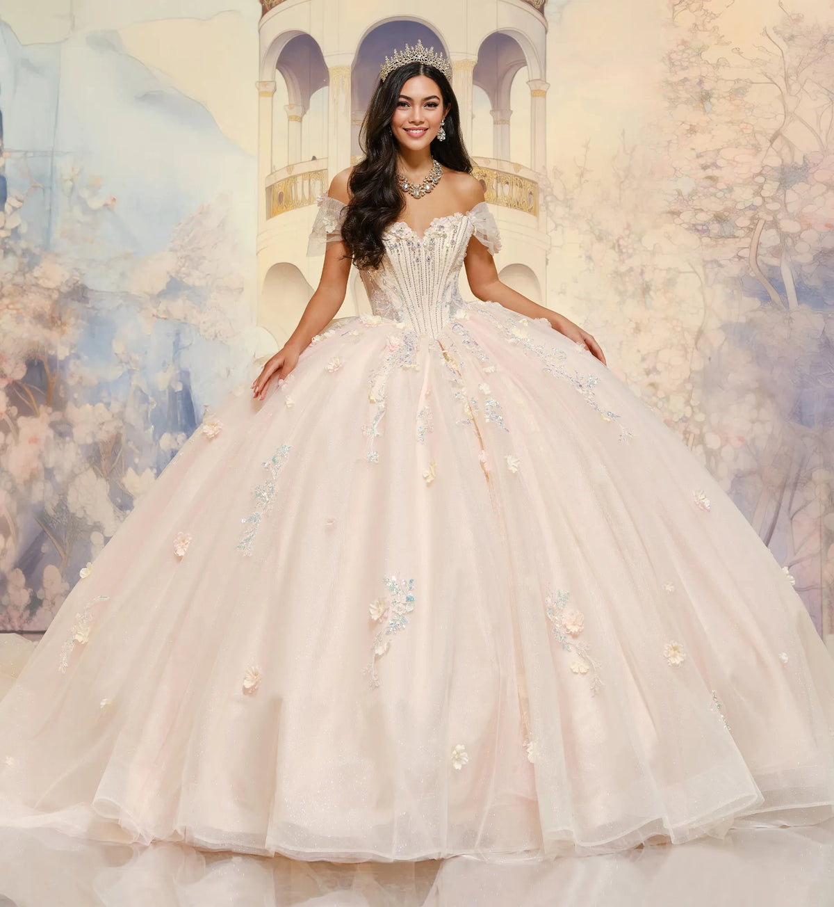 Basque waist quinceañera ball gown w/ 3D flowers & ornate beadwork
