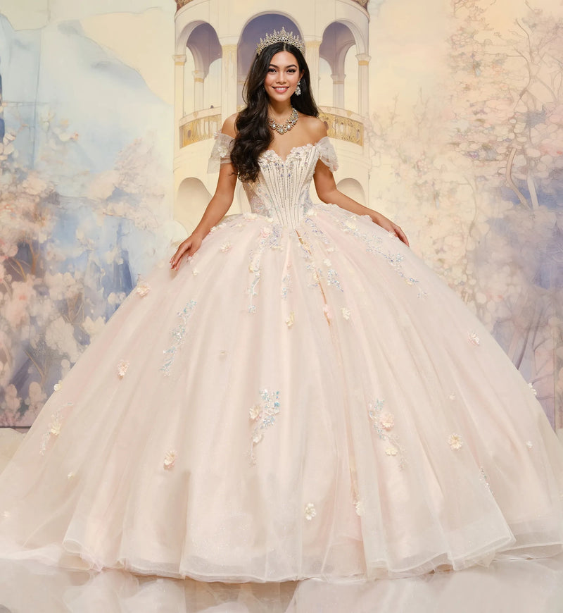 Basque waist quinceañera ball gown w/ 3D flowers & ornate beadwork