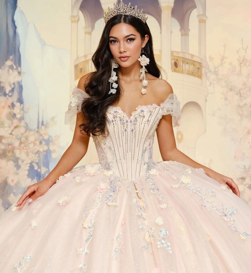 Basque waist quinceañera ball gown w/ 3D flowers & ornate beadwork
