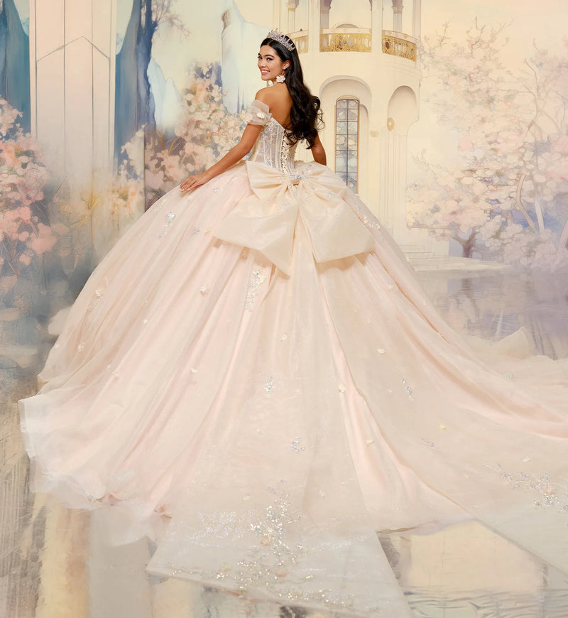 Basque waist quinceañera ball gown w/ 3D flowers & ornate beadwork