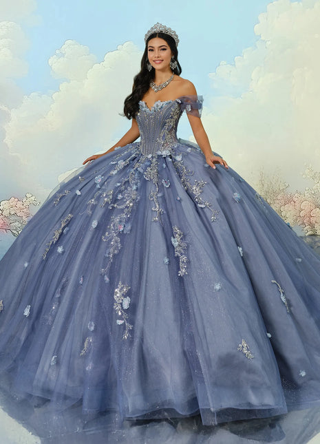 Basque waist quinceañera ball gown w/ 3D flowers & ornate beadwork