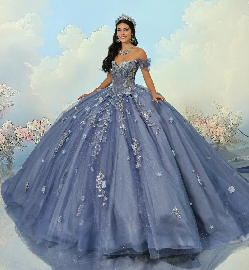 Basque waist quinceañera ball gown w/ 3D flowers & ornate beadwork