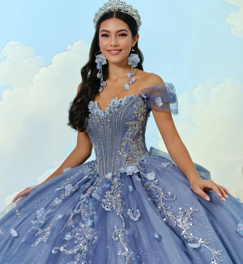 Basque waist quinceañera ball gown w/ 3D flowers & ornate beadwork