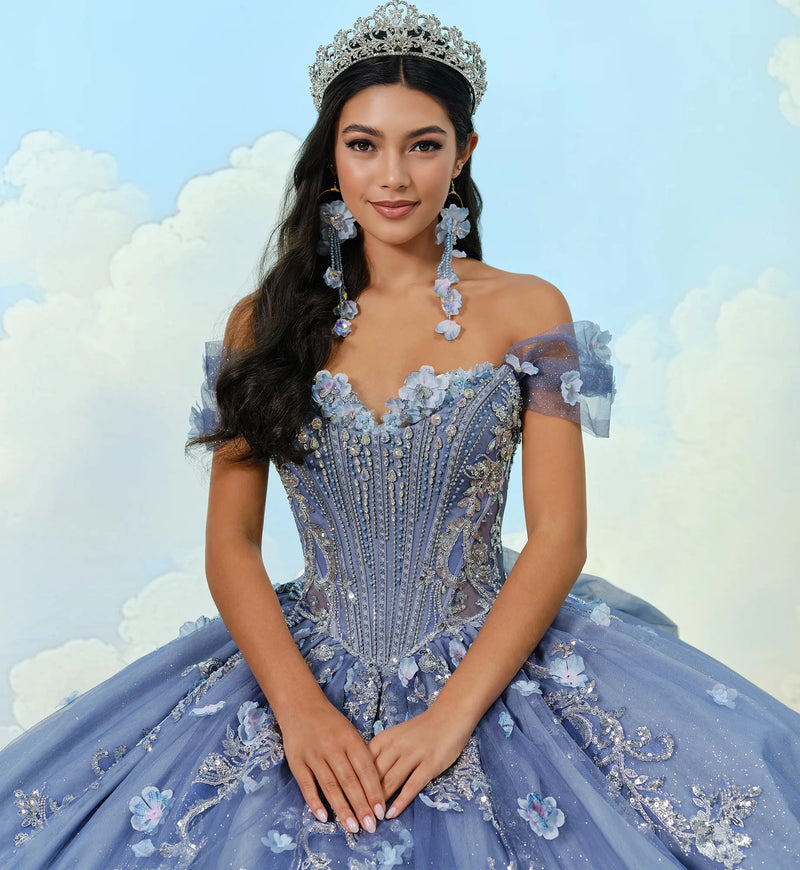 Basque waist quinceañera ball gown w/ 3D flowers & ornate beadwork