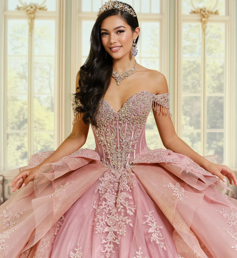 Chandelier sleeve quinceañera ball gown w/ stunning bow accents
