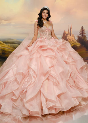 Lace-up corset ball gown w/ flowing layered skit & personalized letter brooch
