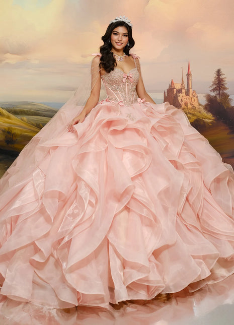 Lace-up corset ball gown w/ flowing layered skit & personalized letter brooch